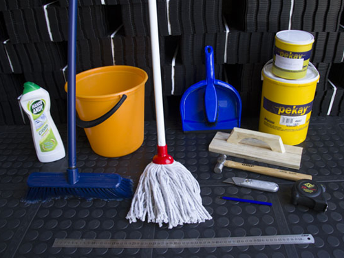 Tools and materials needed to install Dura Tile PVC interlocking floor tiles